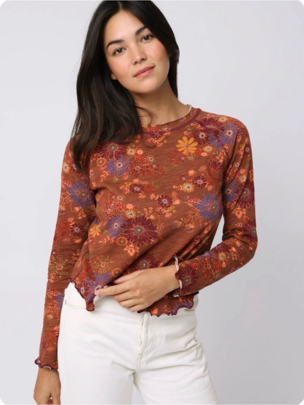 Natural Life Lily Cotton Floral Long Sleeve Tee Brown Boho Fall Artsy L Western